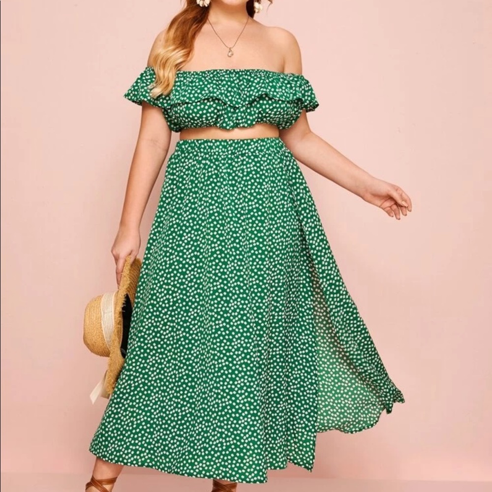 Daisy floral print off shoulder top split skirt